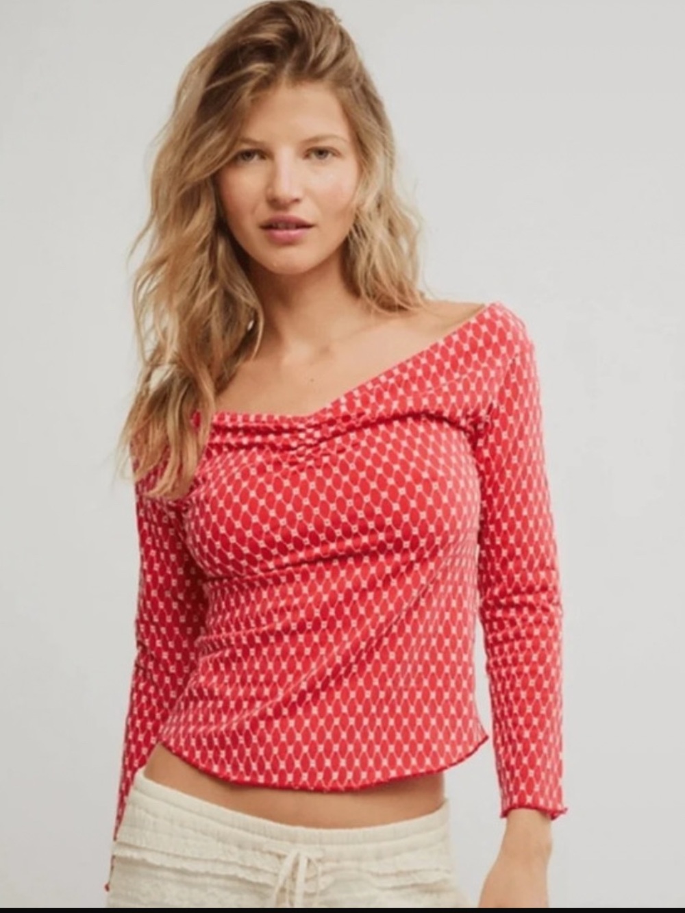 Free People NWOT Women's Coral Printed Long-Sleeve Off-Shoulder Top